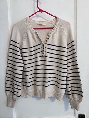 Sezane Cream Sweater with Black Stripes and Henley Buttons